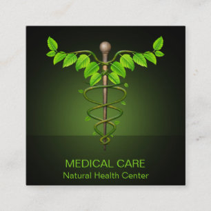 Holistic Alternative Medical Caduceus Green Leaves Square Business Card