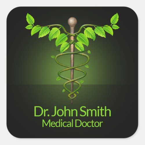 Holistic Alternative Medical Caduceus Green Leaves Square Sticker