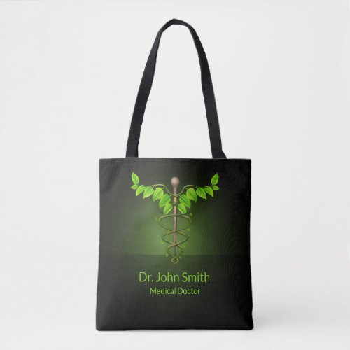 Holistic Alternative Medical Caduceus Green Leaves Tote Bag