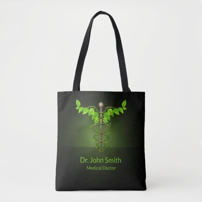 Holistic Alternative Medical Caduceus Green Leaves Tote Bag (Front)
