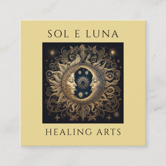 Holistic Celestial Gold Black Sun Moon Square Business Card (Front)