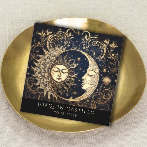 Holistic Celestial Gold Sun Moon Black Square Business Card
