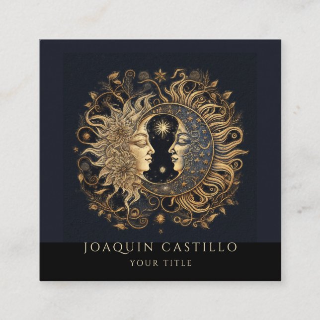 Holistic Celestial Gold Sun Moon Black Square Business Card (Front)
