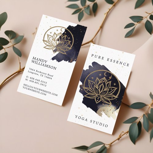 Holistic Celestial Moon  Lotus Dark Ink Monogram Business Card