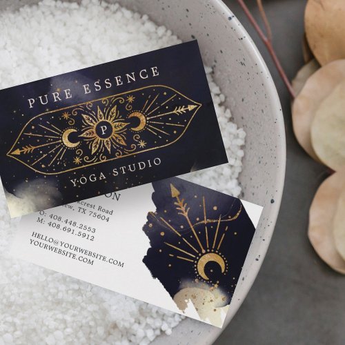 Holistic Celestial Sun  Moon Dark Ink Monogram Business Card