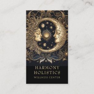 Holistic Celestial Sun Moon Faces Stars Gold Black Business Card