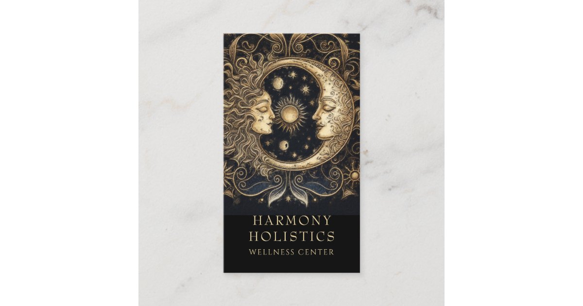Holistic Celestial Sun Moon Faces Stars Gold Black Business Card | Zazzle