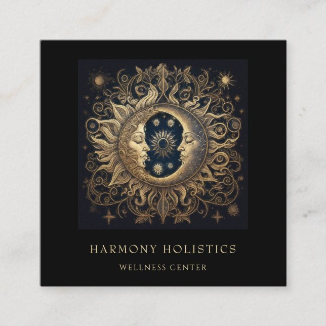 Holistic Celestial Sun Moon Gold Black Square Business Card (Front)