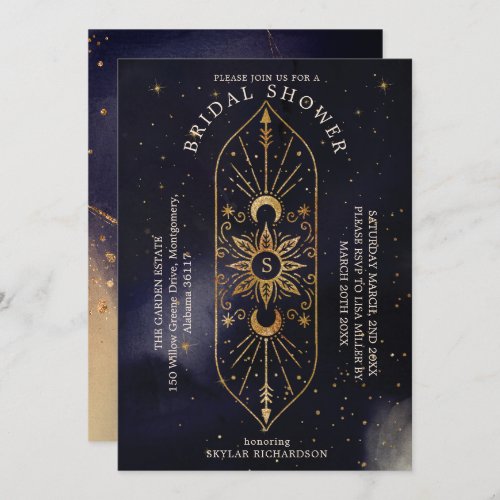 Holistic Celestial Sun  Moon Navy Bridal Shower Invitation