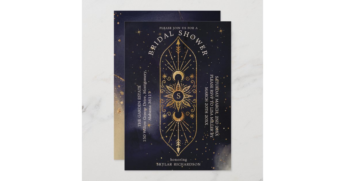Holistic Celestial Sun & Moon Navy Bridal Shower Invitation | Zazzle