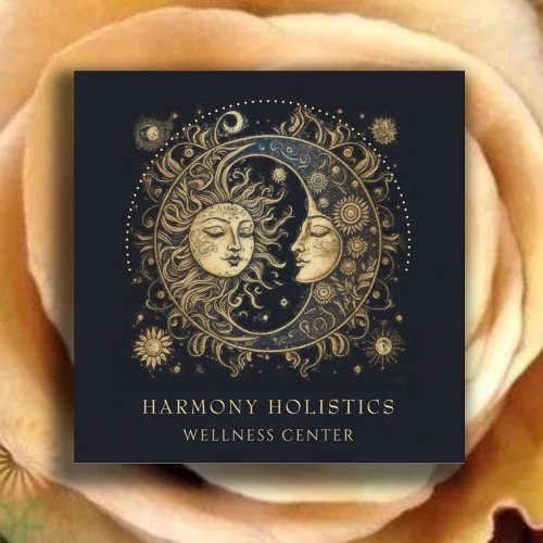 Holistic Celestial Sun Moon Stars Gold Black Square Business Card