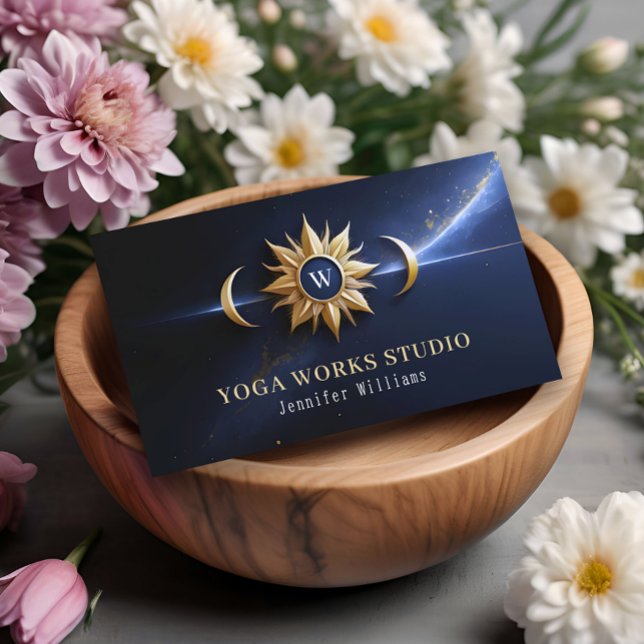 Holistic Celestial Sun & Moon Yoga Navy & Gold Business Card (Creator Uploaded)