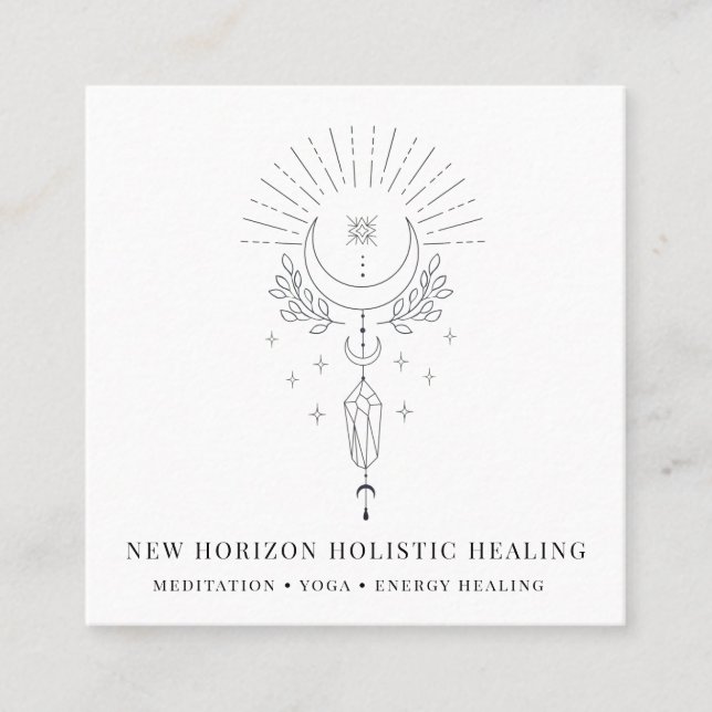 Holistic Healing Moon Crystals Square Business Card (Front)