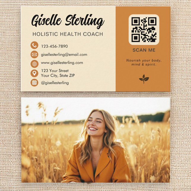 Holistic Health Coach Yellow Orange QR Code Photo Business Card (Creator Uploaded)