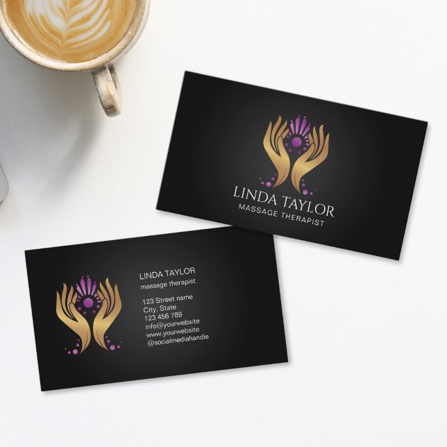 Holistic Massage Hands Therapy Healer Energy Business Card (HEALING HANDS, GOLD AND PURPLE ON THE BLACK BACKGROUND MASSAGE THERAPIST LOGO BUSINESS CARDS)