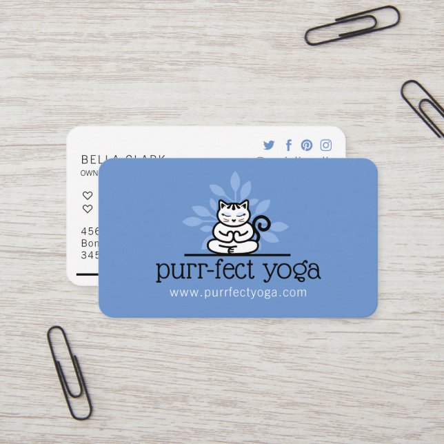 Holistic Yoga Cat Meditating Yoga Pose Blue Business Card (Front/Back In Situ)