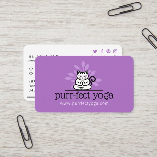 Holistic Yoga Cat Meditating Yoga Pose Purple Business Card (Front/Back In Situ)
