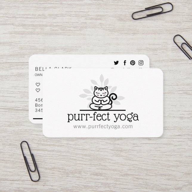 Holistic Yoga Cat Meditating Yoga Pose White Business Card (Front/Back In Situ)