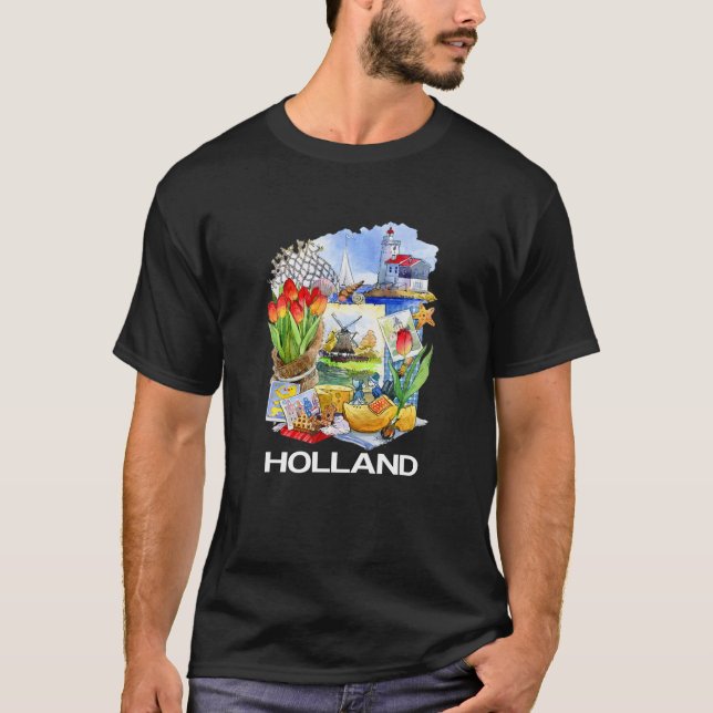 Holland Dutch Attributes: Canals Tulips Windmills T-Shirt (Front)