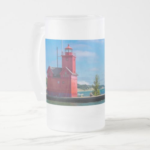 Holland Harbor Lighthouse Frosted Glass Beer Mug
