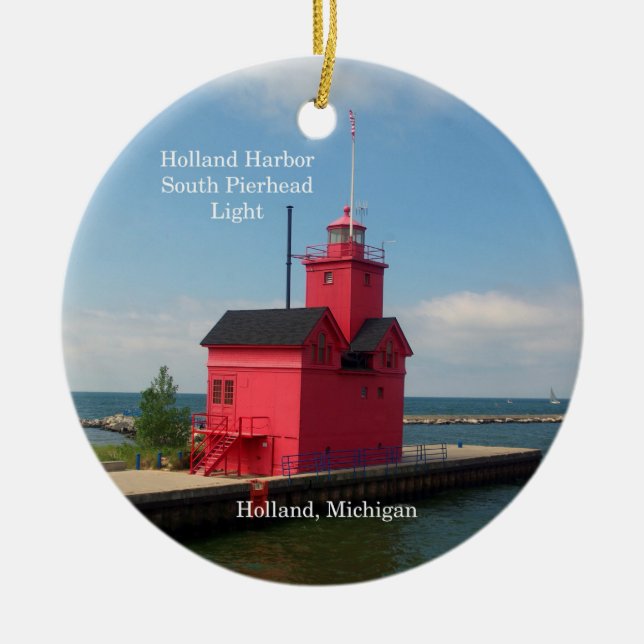 Holland Harbor South Pierhead Light circle magnet Ceramic Ornament (Front)