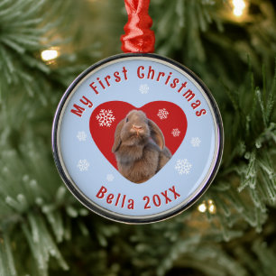 Holland Lop First Christmas Custom Photo Metal Ornament