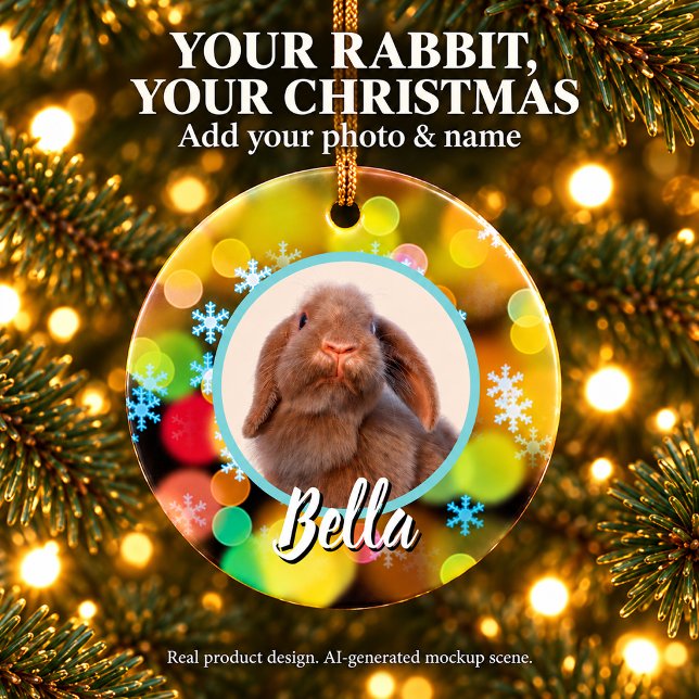 Personalized Holland Lop Rabbit Christmas Photo and Name Ceramic Ornament
