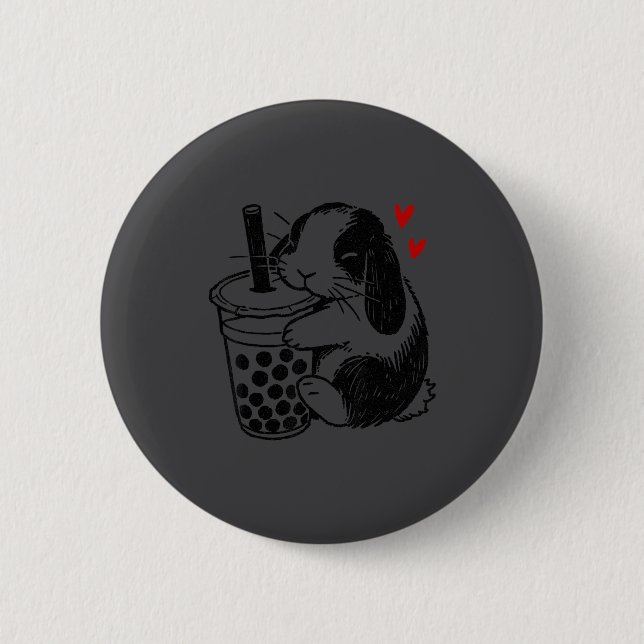 Holland Lop Rabbit Loves Boba Tea Bunny &amp; Bubb Button (Front)