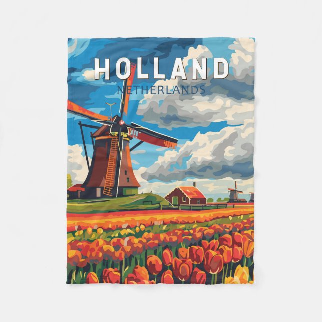 Holland Netherlands Travel Art Vintage Fleece Blanket (Front)