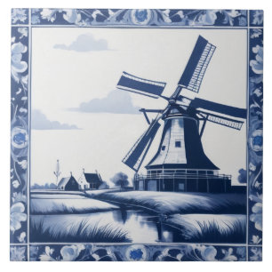 Holland Netherlands Windmill Delft Blue and White Ceramic Tile