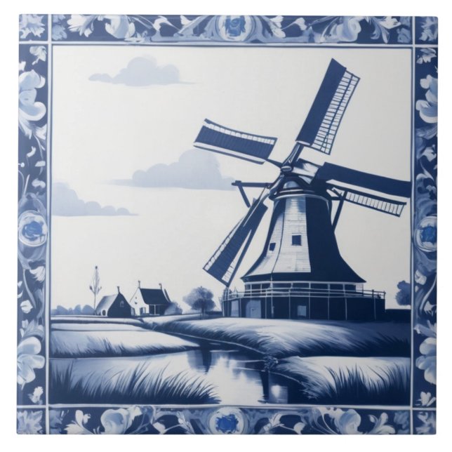 Holland Netherlands Windmill Delft Blue and White Ceramic Tile (Front)