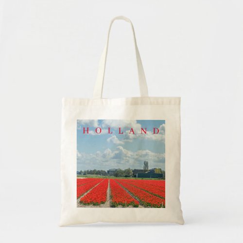 Holland red tulip fields view tote bag