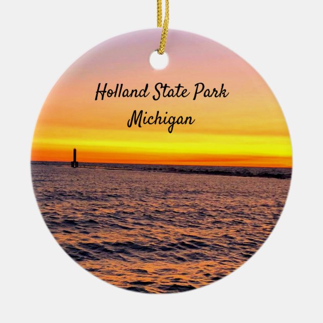 Holland State Park Michigan Pier Sunset Ceramic Ornament (Front)