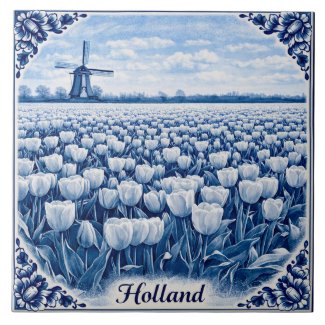 Holland tulips Delft Blue style ceramic tile