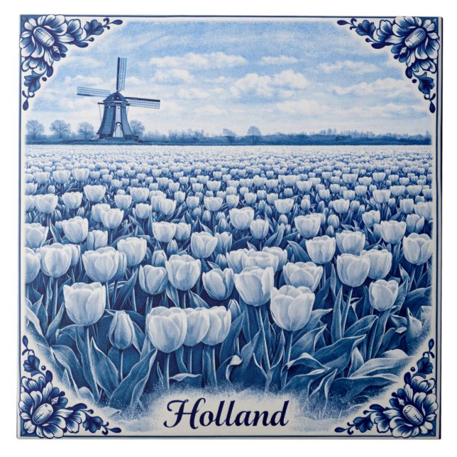 Holland tulips Delft Blue style ceramic tile (Front)