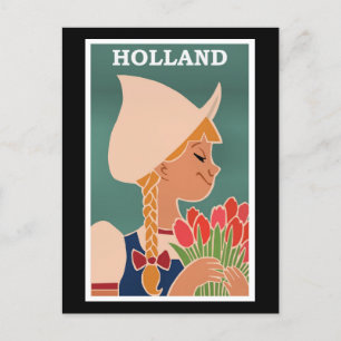 Holland, vintage poster, Dutch girl with tulips, Postcard