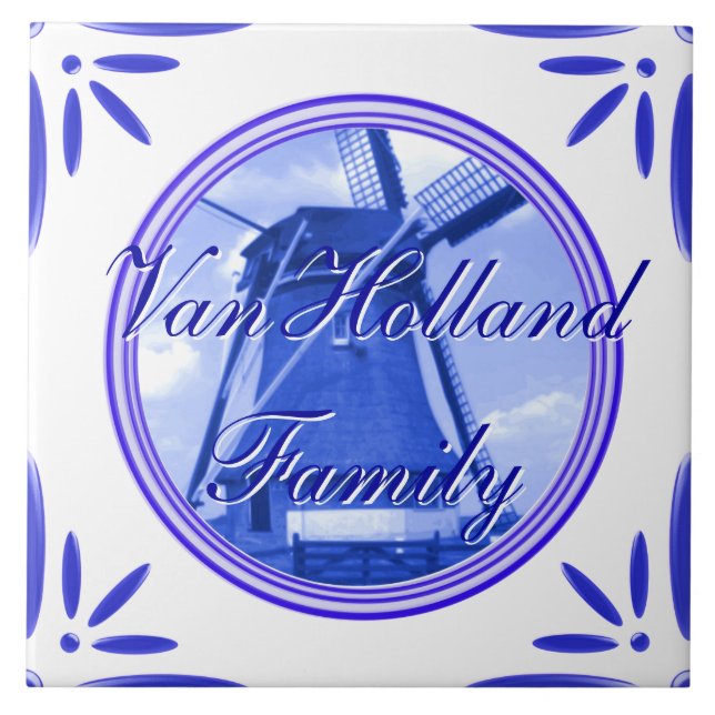 Holland Windmill Delft Blue Printed Family Name Ceramic Tile (Front)