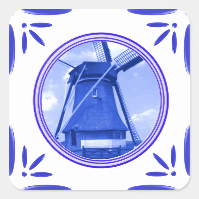 Holland Windmill Delft-Blue-Tile-Look Printed Square Sticker | Zazzle