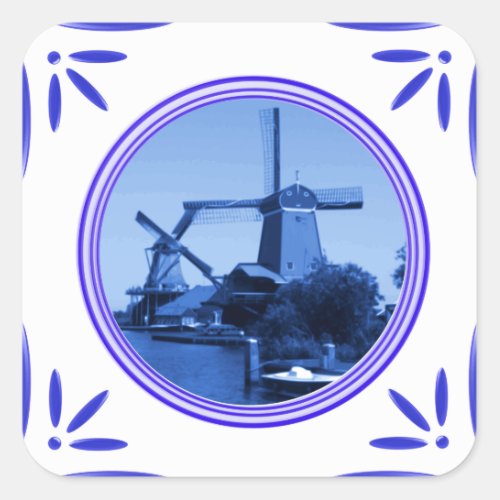 Holland Windmills Delft_Blue_Tile_Look Printed Square Sticker