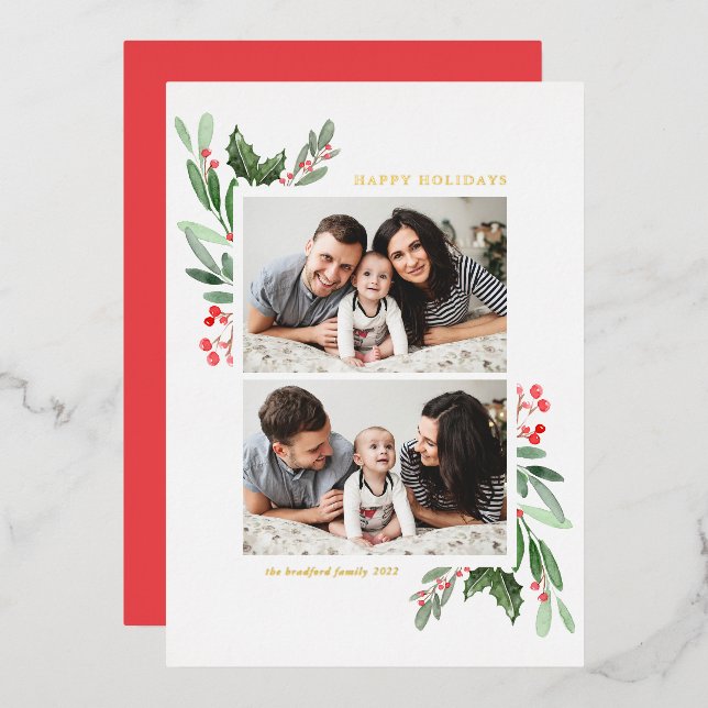 Hollies and Greenery Two Photo Happy Holidays Foil Holiday Card (Front/Back)