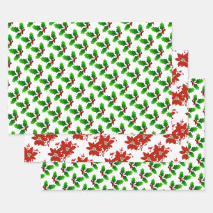 Hollies and Poinsettias Wrapping Paper Sheets