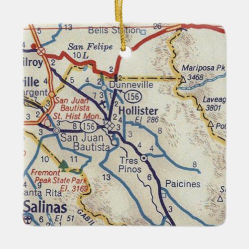 Hollister CA Vintage Map Ceramic Ornament