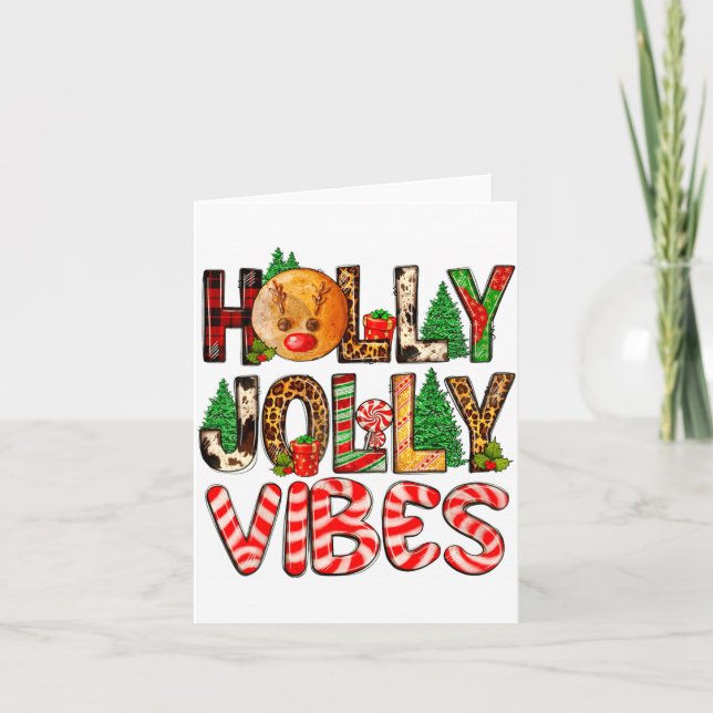 Holly A Jolly Vibes Reindeer Christmas Trees Light Card (Front)