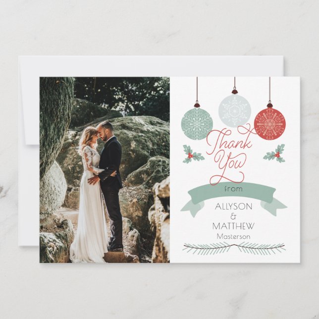 Holly and Berries |Baubles Wedding Photo Thank You Card (Front)