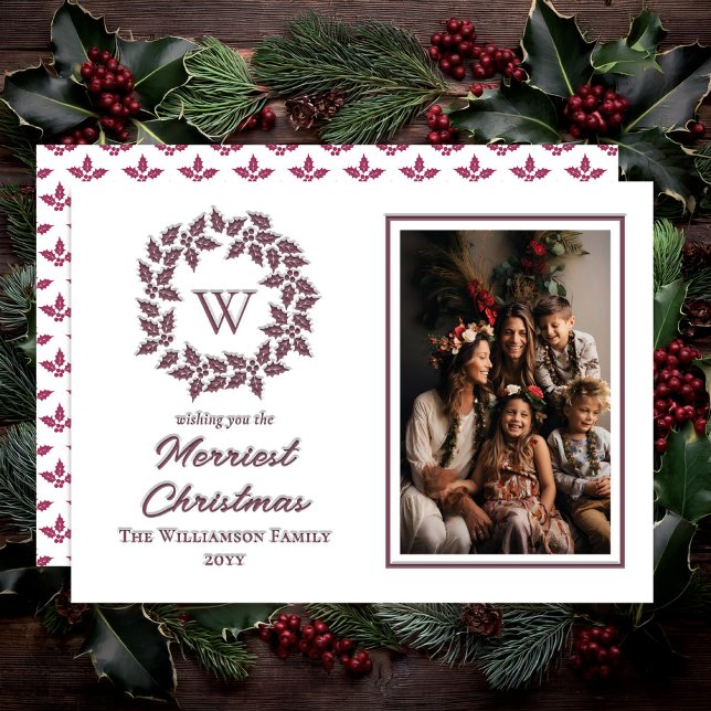 Holly and Berries Christmas Holiday Berry Letterpress Photo Cards (Holly and Berries Monogrammed Wreath Christmas Holiday Letterpress Photo Cards - Berry | White )