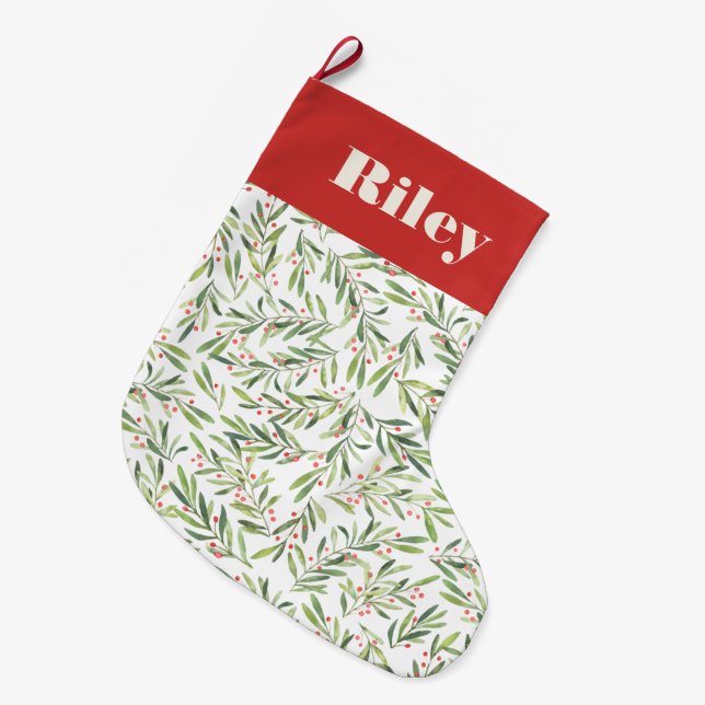 Holly and Berries Christmas Holiday Large Christmas Stocking (Front (Hanging))