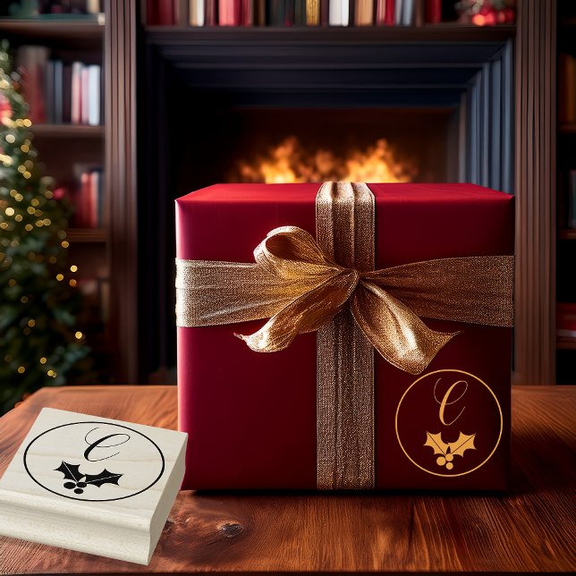 Holly and Berries Christmas Holiday Monogram Rubber Stamp (Elegant Holly and Berries Christmas Holiday Monogram Rubber Stamp (shown with gold ink))