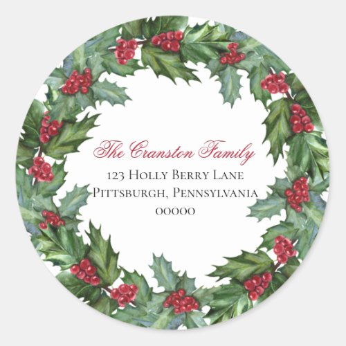 Holly and Berries Christmas Holiday Return Address Classic Round Sticker