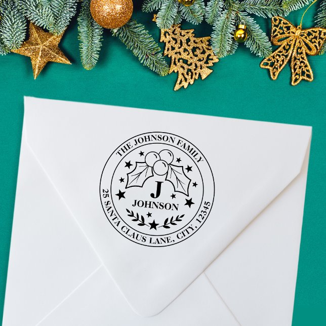 Holly and Berries Christmas Monogram + Address Rubber Stamp (Holly and Berries Christmas Monogram + Address Rubber Stamp)