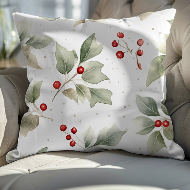 Holly and Berries Christmas Pattern Throw Pillow (Creator Uploaded)